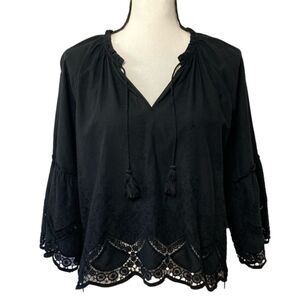 Cupcakes and Cashmere Boxy Cropped Bell Sleeve Embroidered Floral Eyelet Hem Top